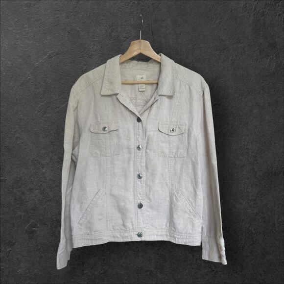 J. Jill Women's Linen Floral Embroidered trucker Jacket L Beige Cream Feminine - Picture 8 of 10